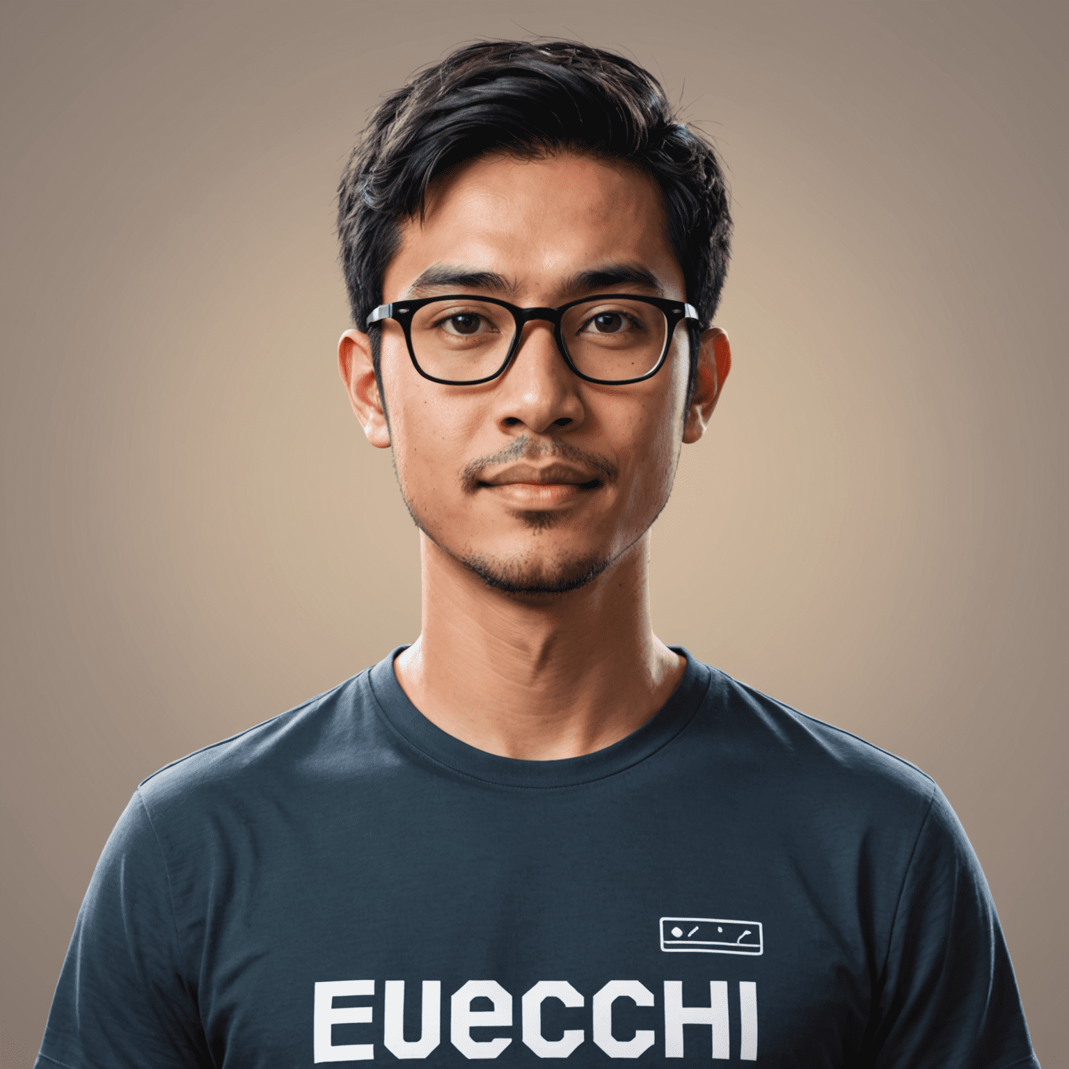 Portrait of lead developer Amir, a Malaysian man in his 30s with short black hair and glasses, wearing a casual tech company t-shirt