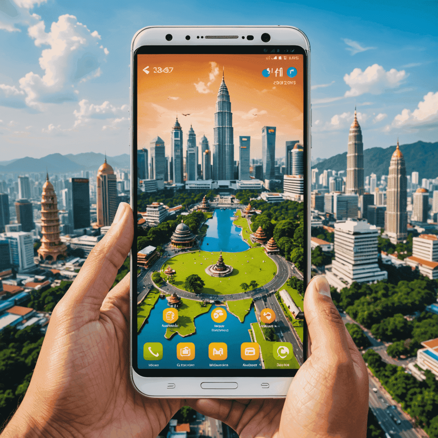 A smartphone displaying popular mobile games with Malaysian landmarks in the background, symbolizing the rise of mobile gaming in the country