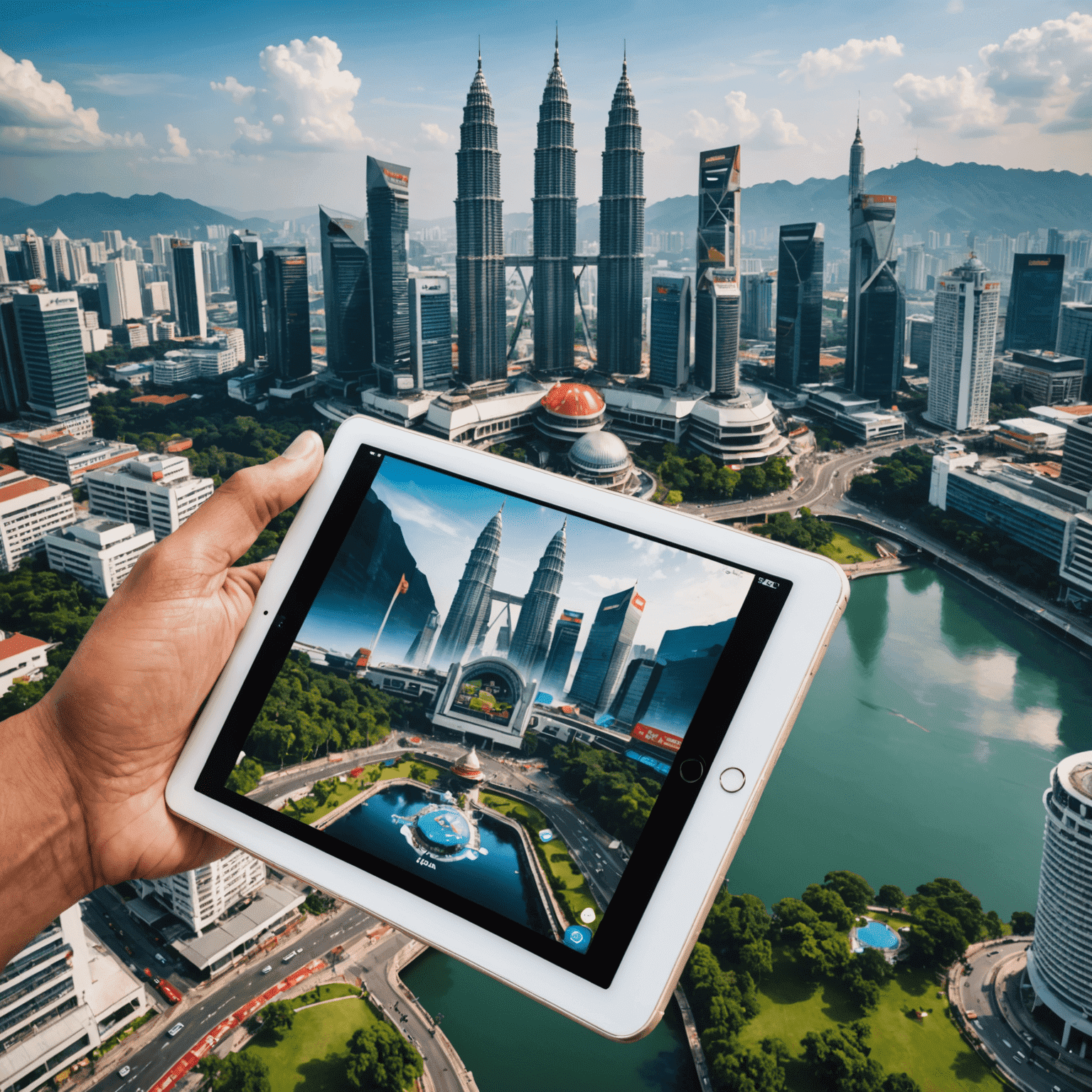 A graph showing the increasing trend of mobile gaming in Malaysia, with iconic Malaysian landmarks in the background