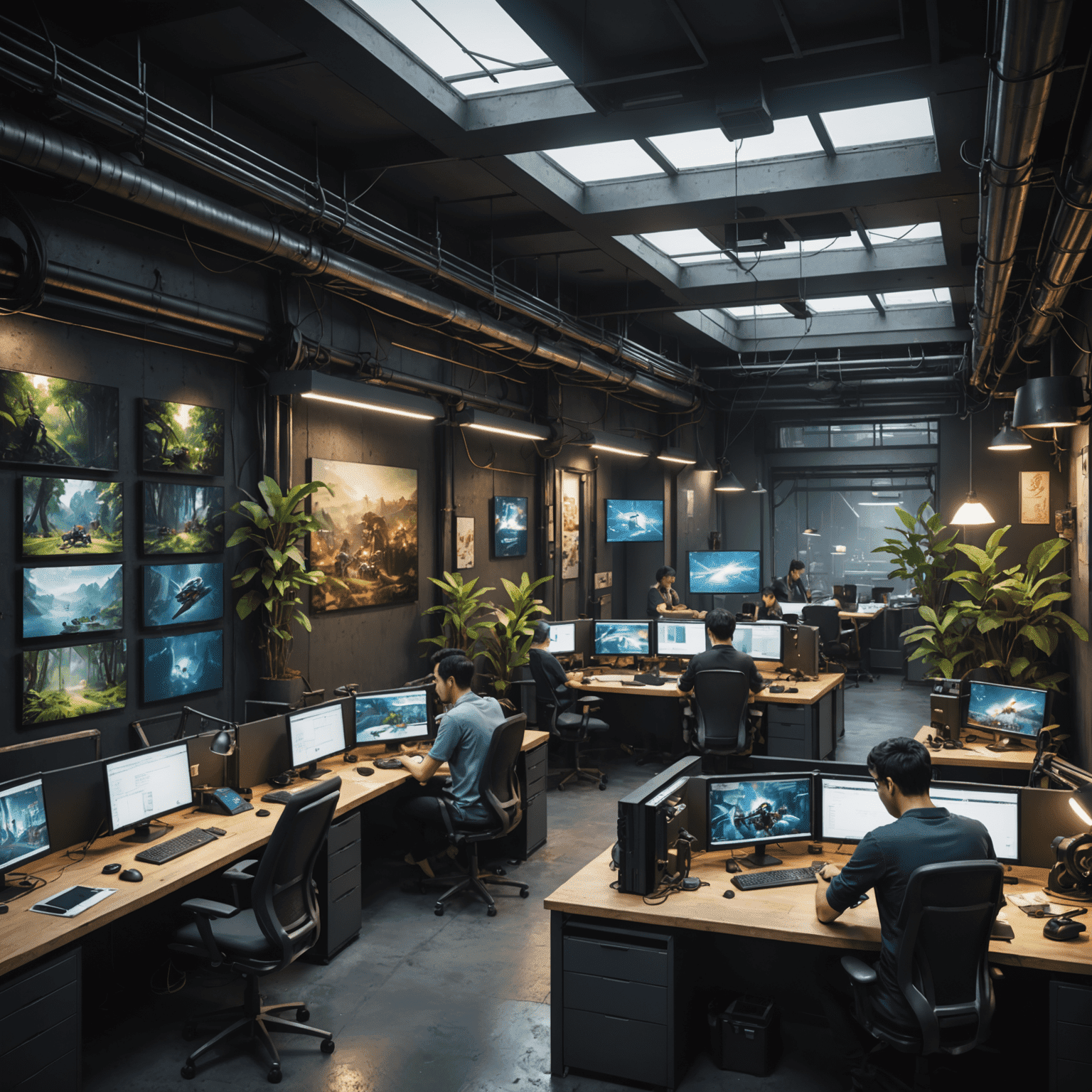 A bustling Malaysian game development studio with developers working on various stations, surrounded by concept art and game design documents