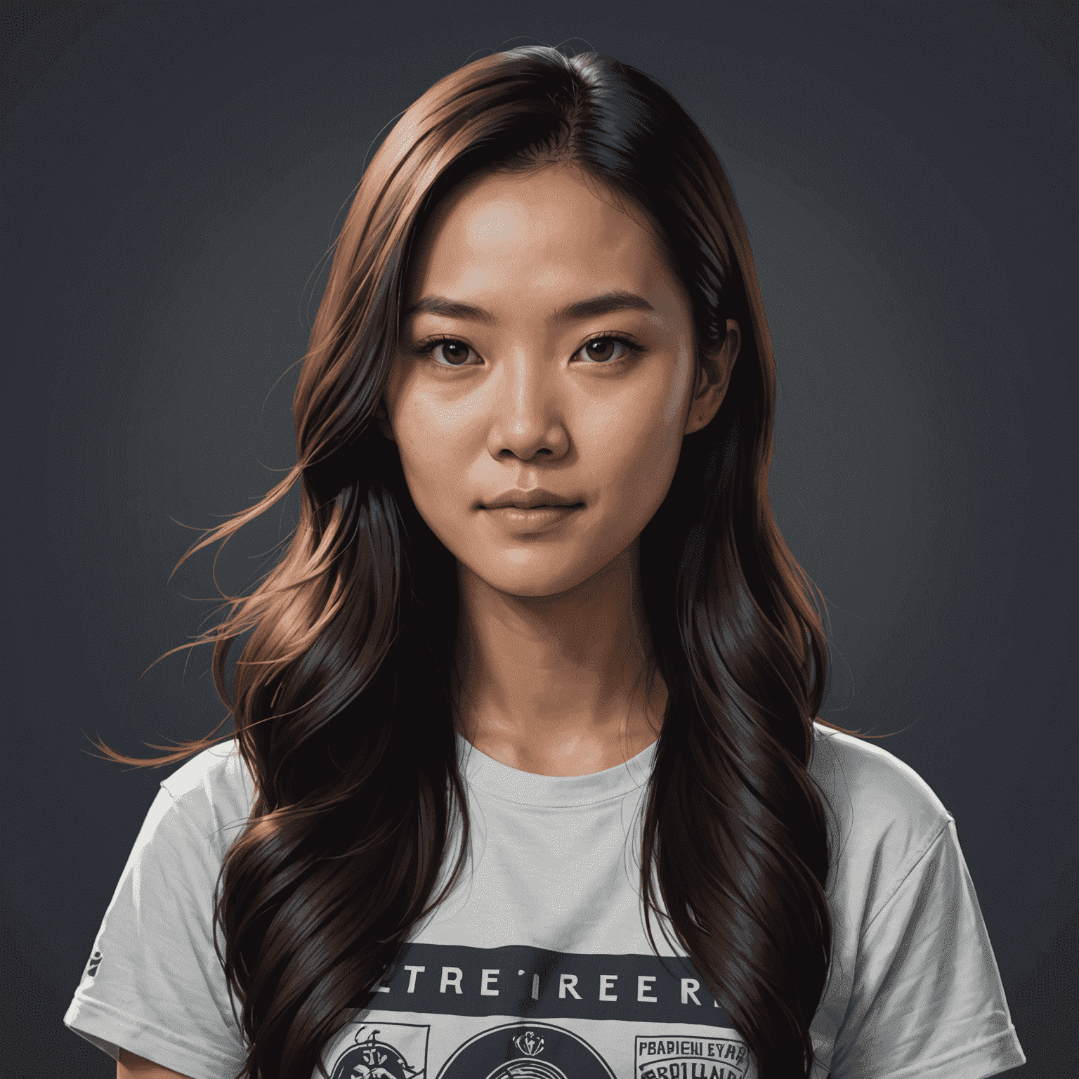 Portrait of game designer Mei Ling, a Malaysian woman in her late 20s with long dark hair, wearing a creative graphic t-shirt