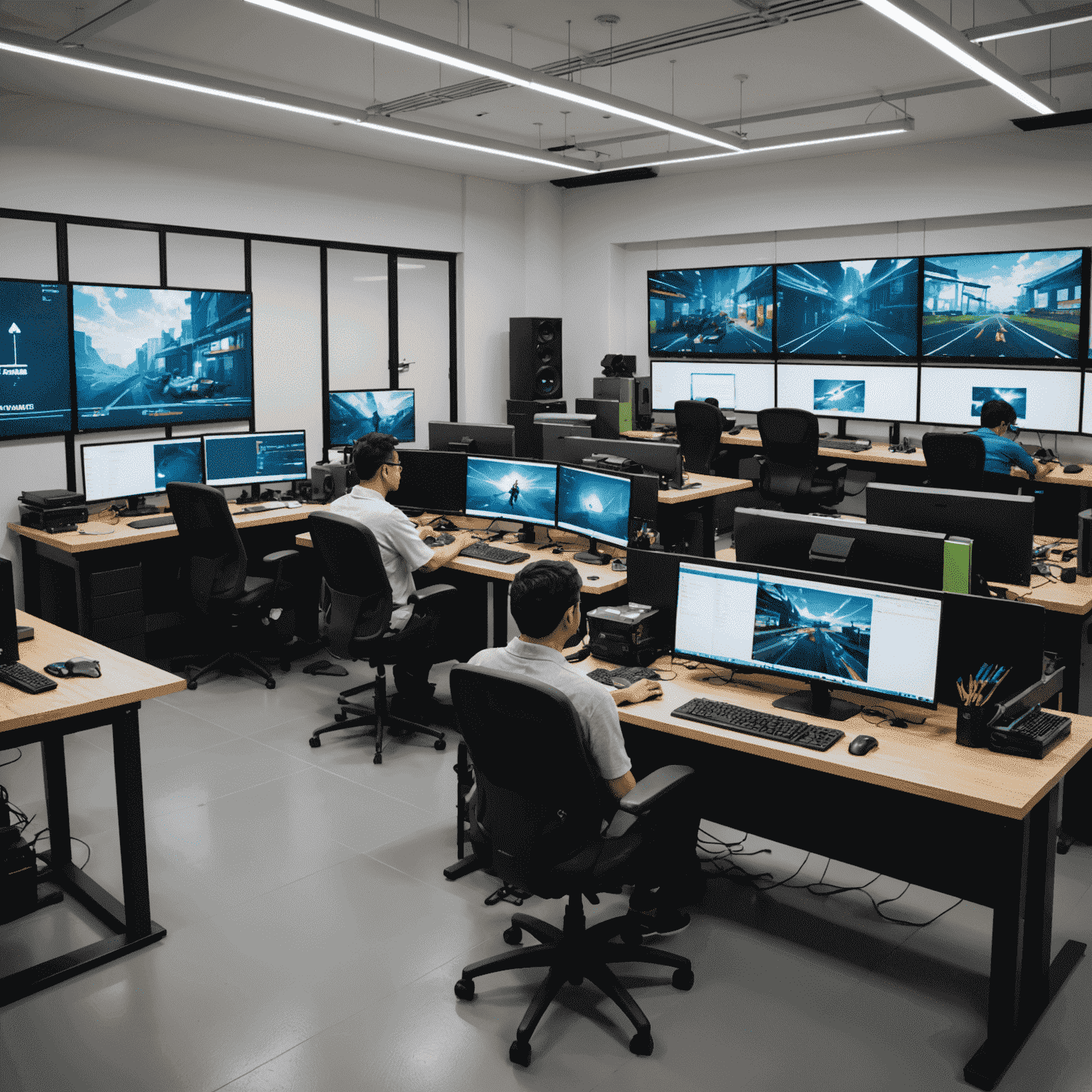 Interior of a modern Malaysian game development studio with developers working on computers, whiteboards with game designs, and mobile devices for testing