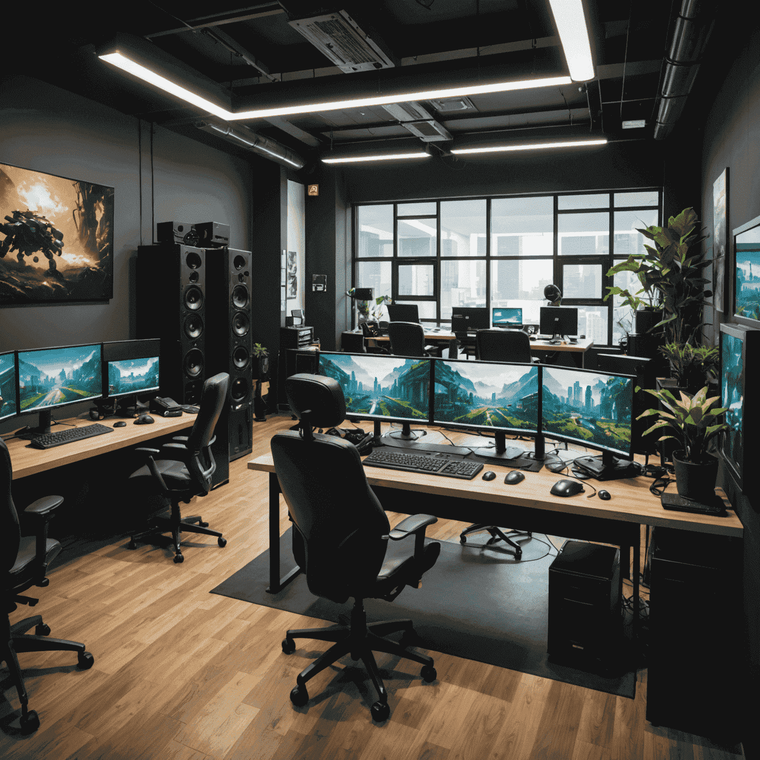 Interior of a modern Malaysian game development studio with developers working on computers and mobile devices