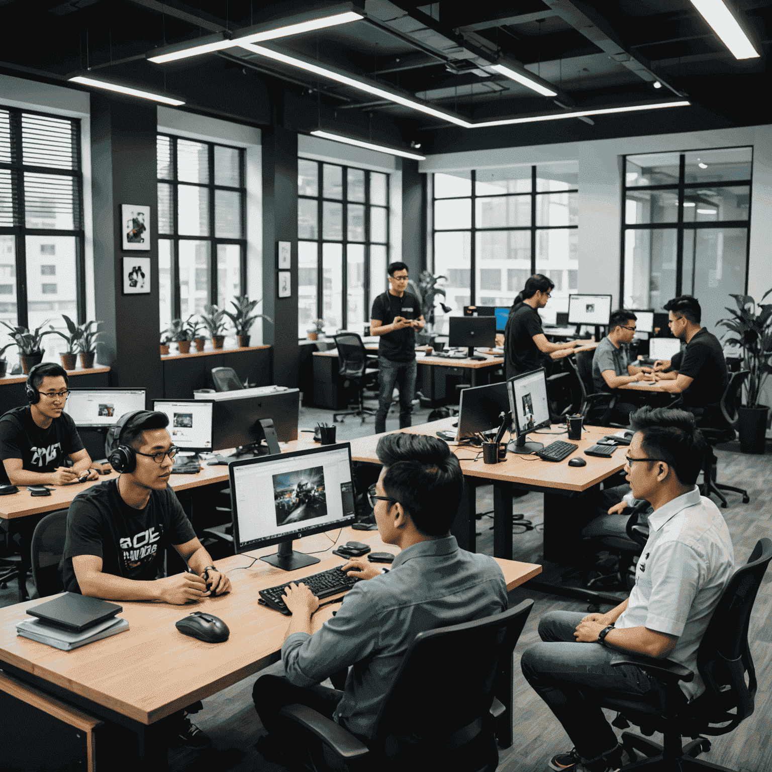 A diverse team of Malaysian game developers working collaboratively in a modern office space