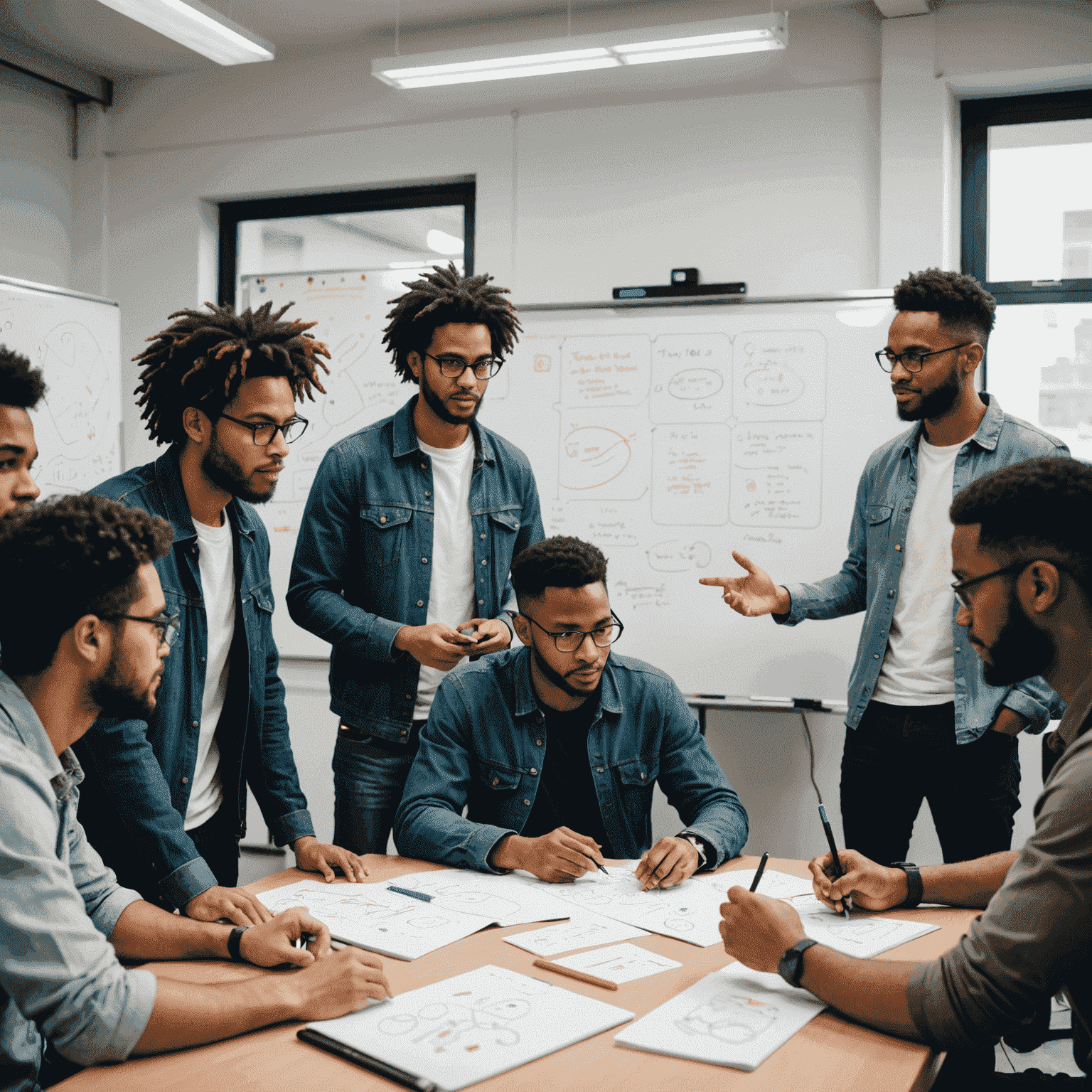 A diverse group of game developers engaged in an animated discussion around a whiteboard filled with game design sketches and flowcharts