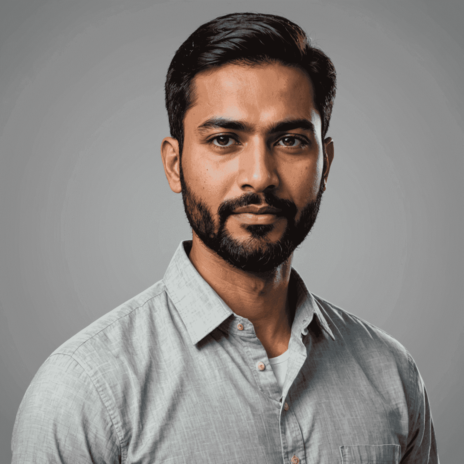 Portrait of UX specialist Raj, an Indian Malaysian man in his mid-30s with a neatly trimmed beard, wearing a smart casual shirt