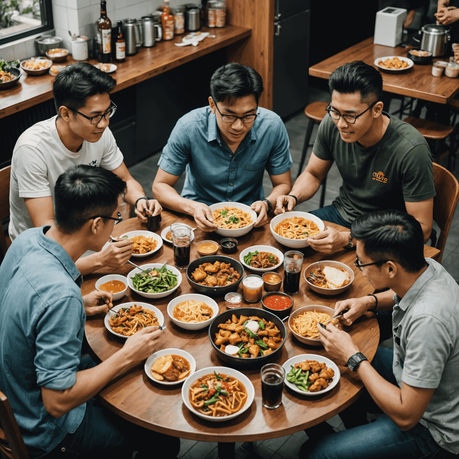 Game developers enjoying a casual lunch break, playing mobile games together while surrounded by Malaysian food