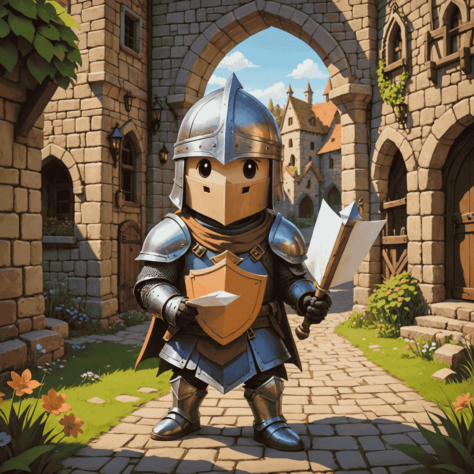 Postknight game screen featuring a cute knight character delivering mail in a colorful medieval setting