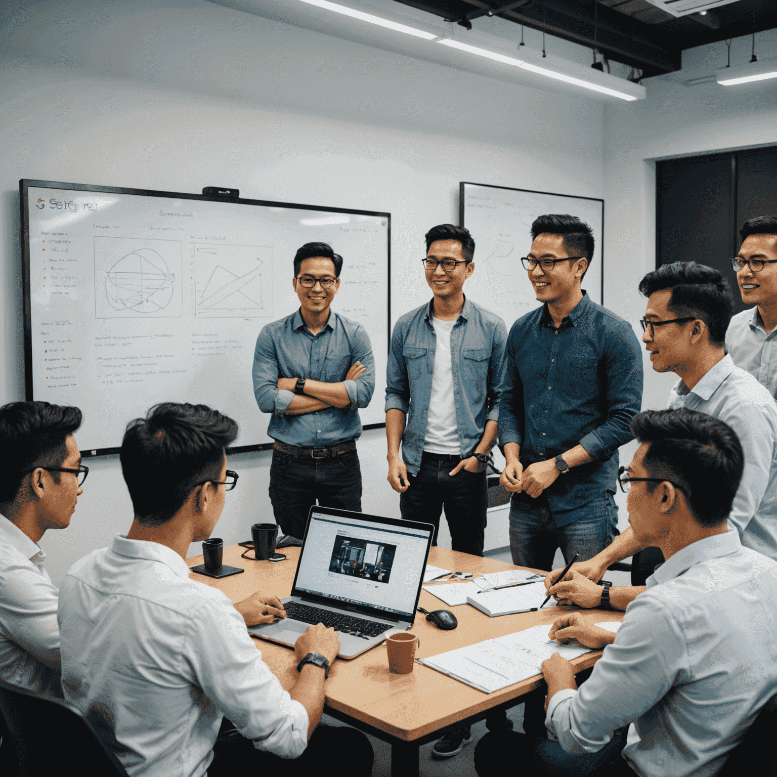 A diverse group of Malaysian game developers collaborating in a modern office space, discussing monetization strategies on a whiteboard