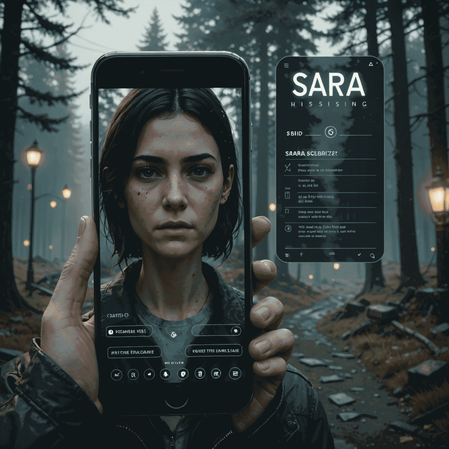 Sara Is Missing game interface mimicking a smartphone screen with mysterious messages and a foreboding atmosphere